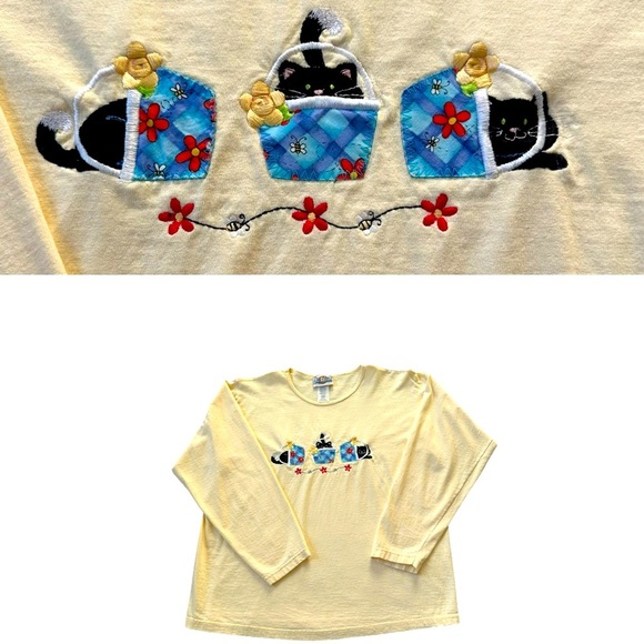 Day Breeze Shirt Vintage Butter Yellow Cat Design Embroidery Cotton Size L - Picture 1 of 9